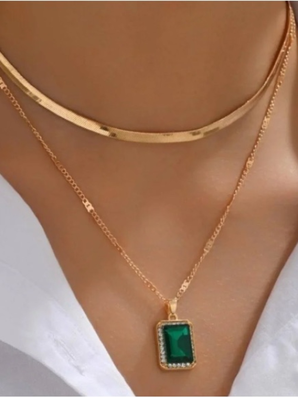 Gold Layered Necklace with Green Rectangular Pendant